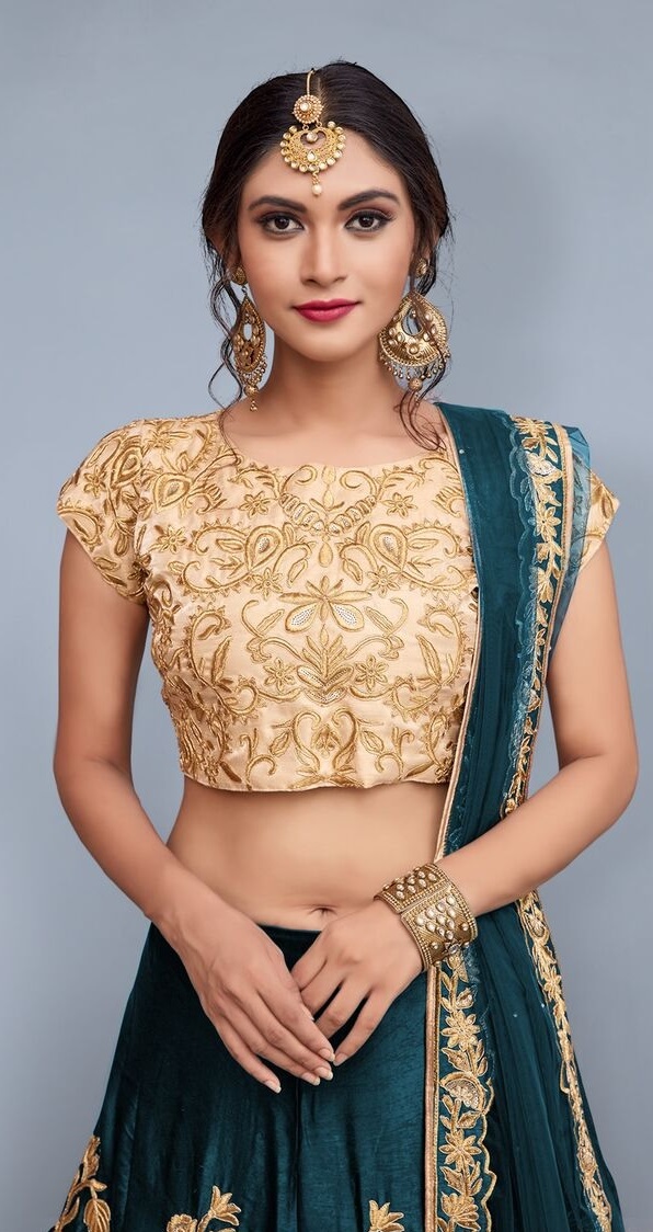 Teal Velvet Silk Indian Wedding Wear Lehenga Choli 753