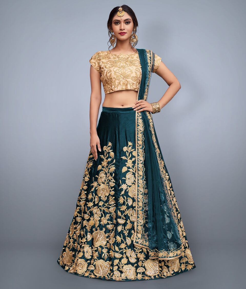 Teal Velvet Silk Indian Wedding Wear Lehenga Choli 753