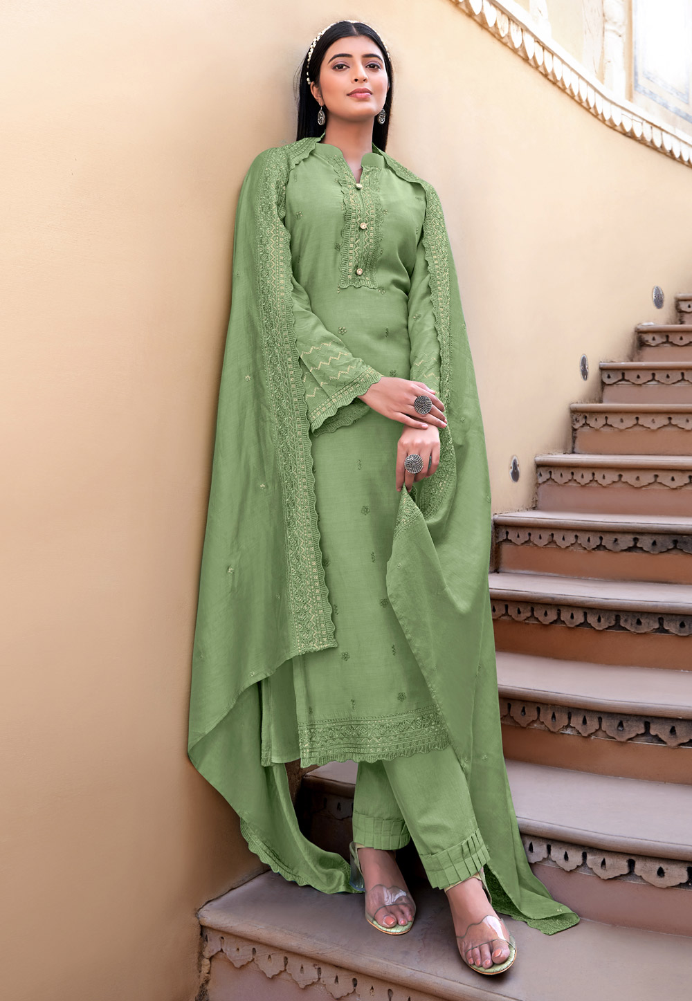 Light Green Embroidered Sharara Suit with Organza Embroidered Dupatta – SHE  IN SAREES