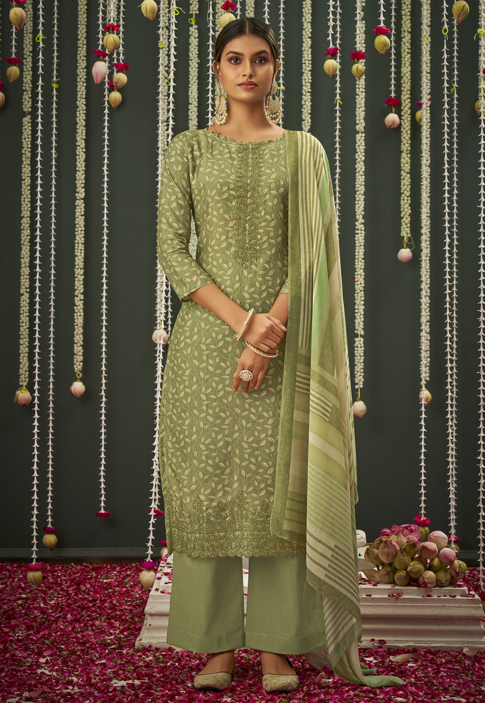 Dark Green Glace Cotton Print With Hand Work Palazzo Salwar Suit – Rakhi  Fashion Pvt Ltd