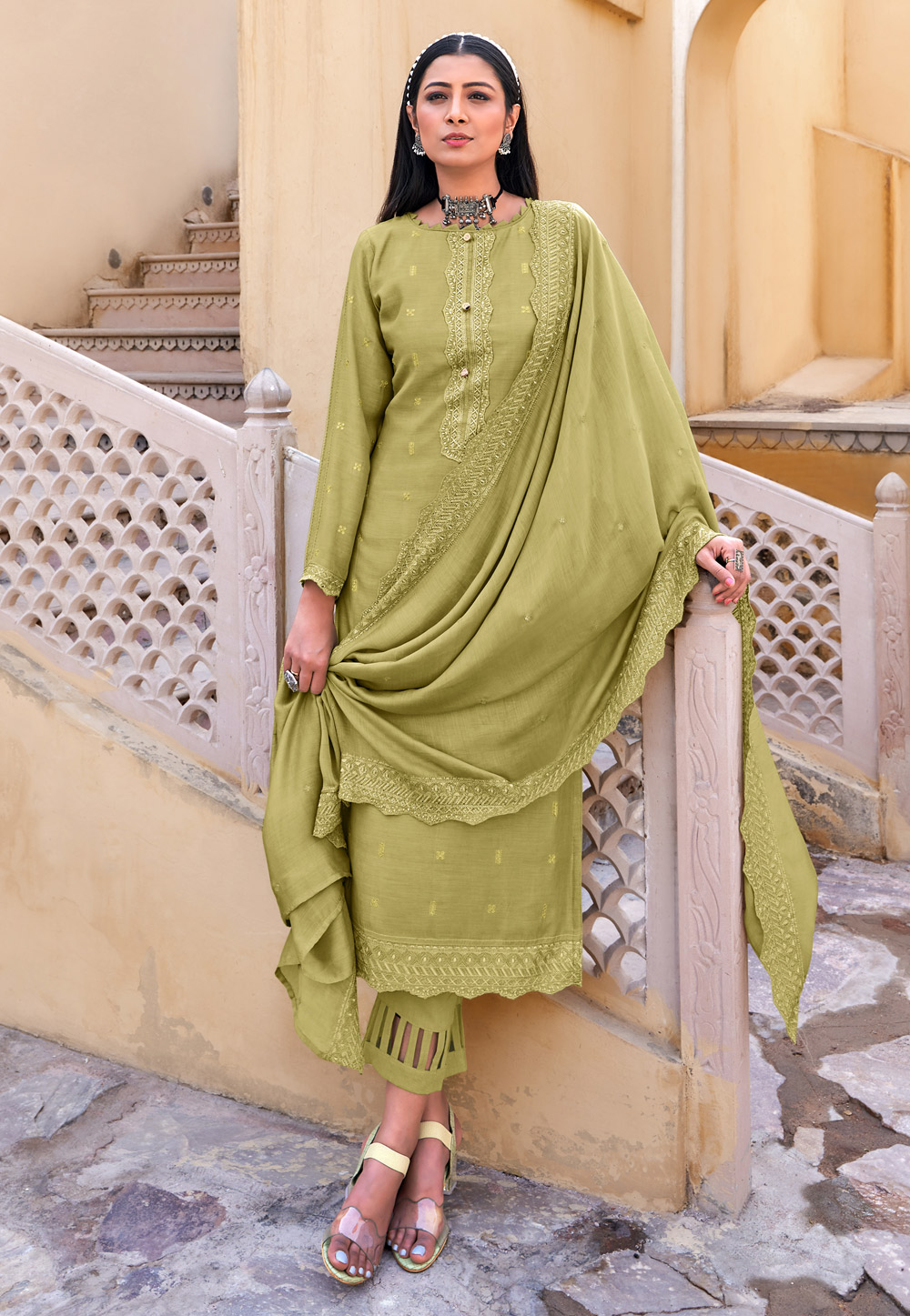 Mehndi viscose pant style suit 3172