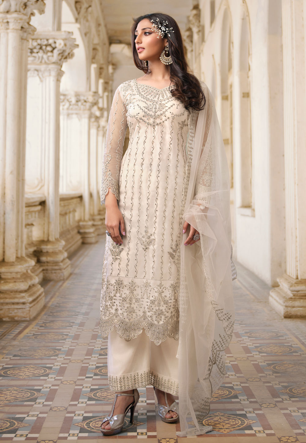 Buy White Net Embroidery Palazzo Suit Party Wear Online at Best Price