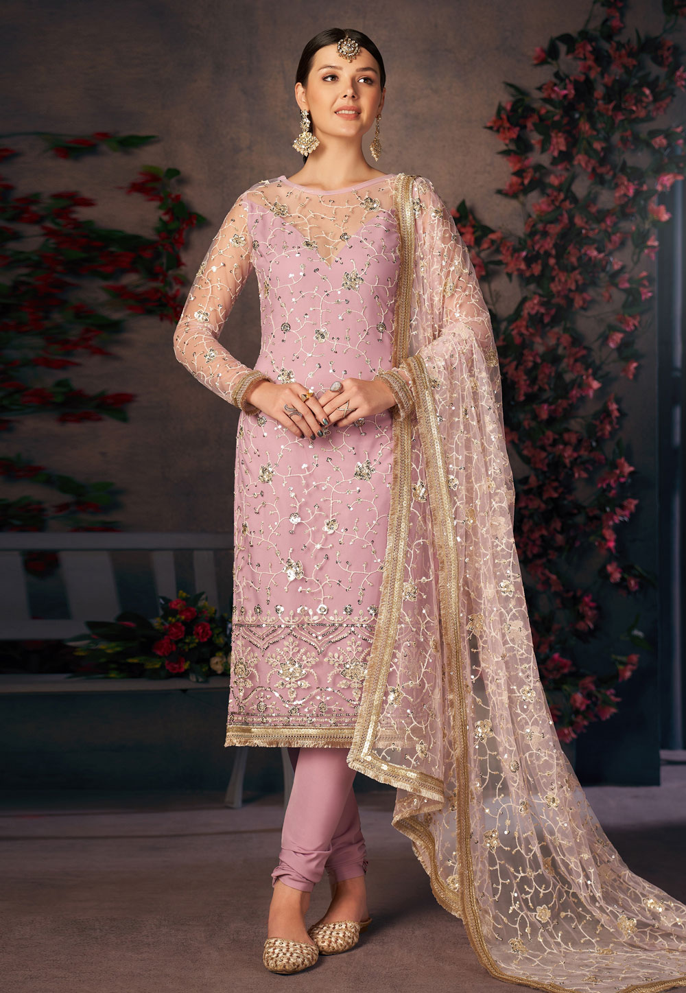 Buy Designer Pistachio Color Chiffon Fabric Long Churidar, 42% OFF