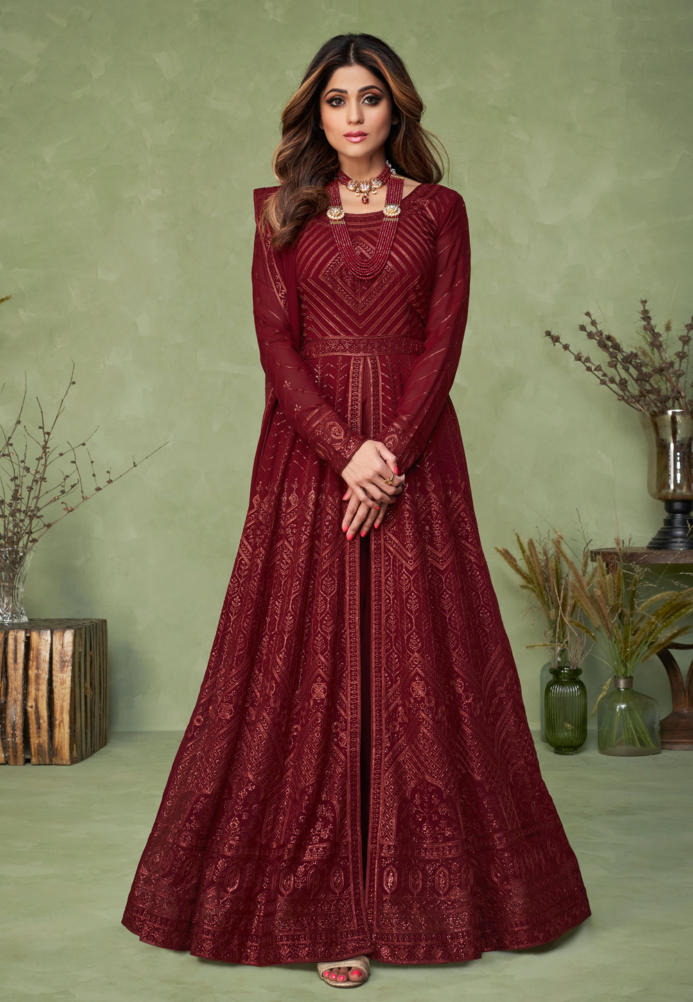 Soft Premium Net Wedding wear Readymade plazo in Maroon with Embroidery &  Stone work - Anarkali Suits - Suits & Sharara