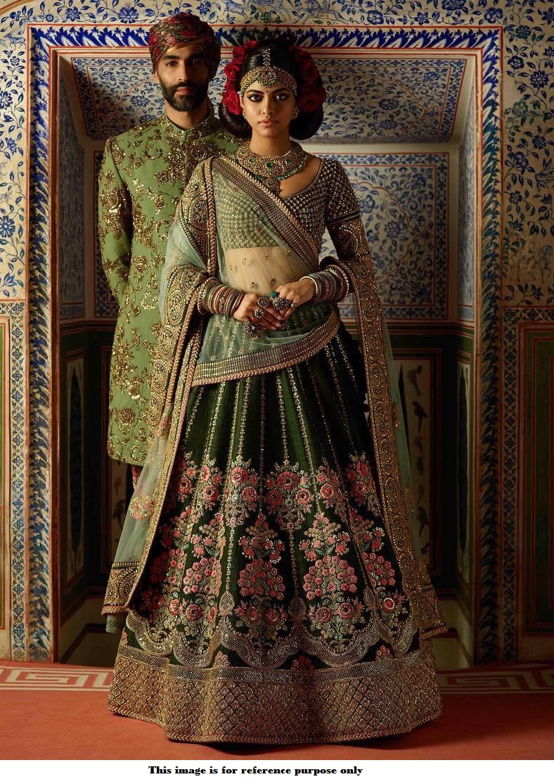 Buy Bollywood Sabyasachi Inspired Pine green Thai silk wedding lehenga ...