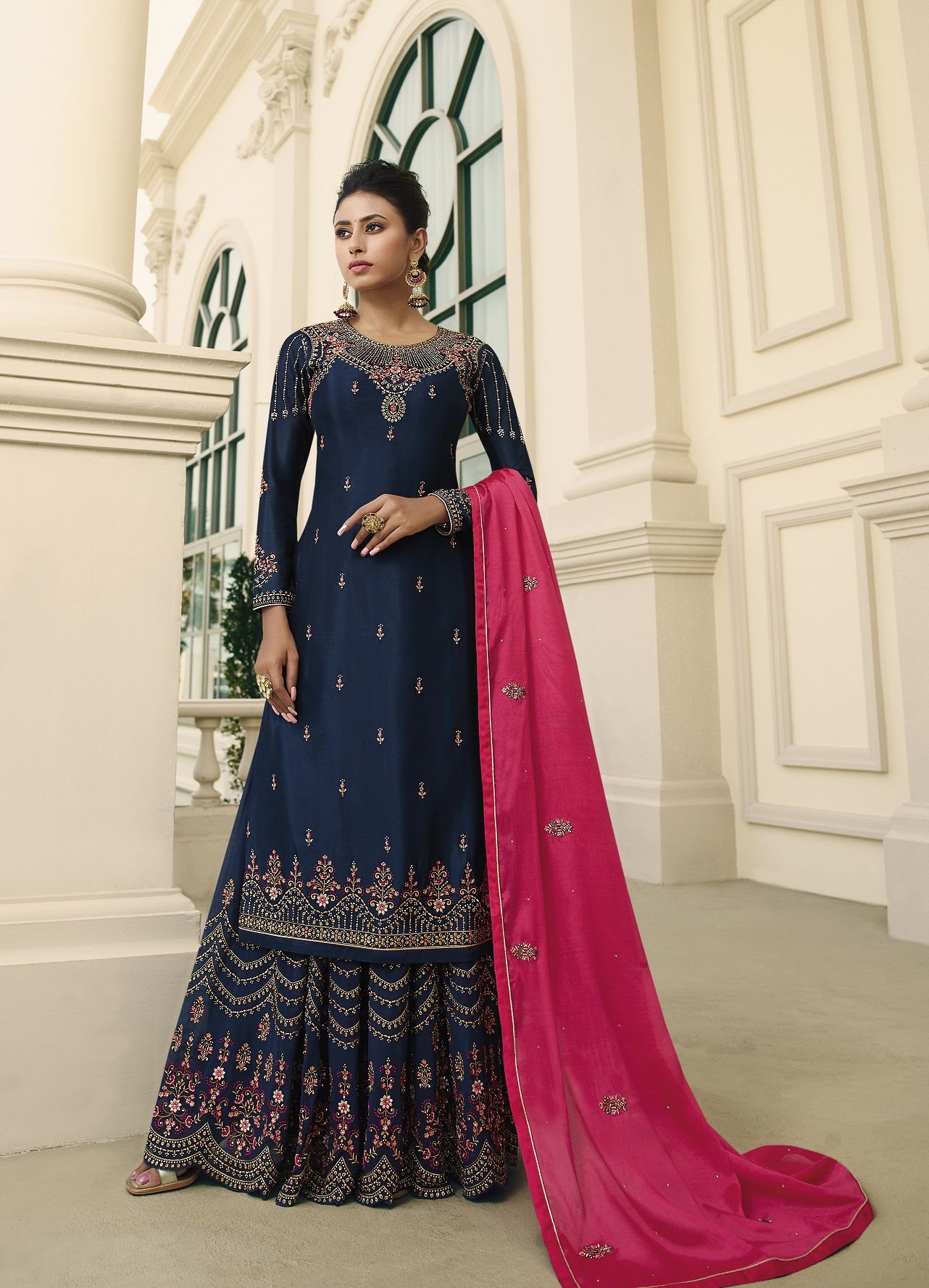 Buy Navy blue and pink chinon Indian Palazzo wedding suit in UK, USA ...