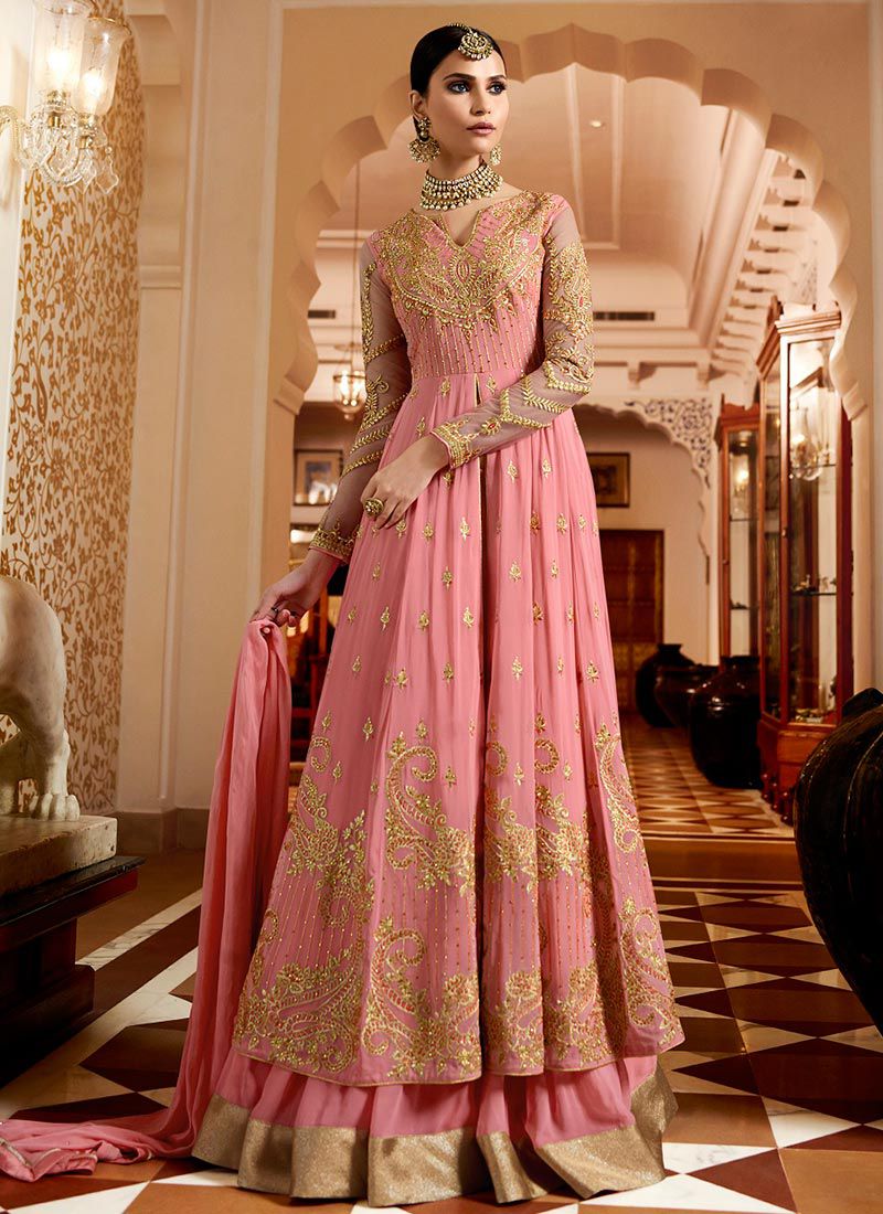 Pink georgette wedding ghagra lehenga kameez 11007