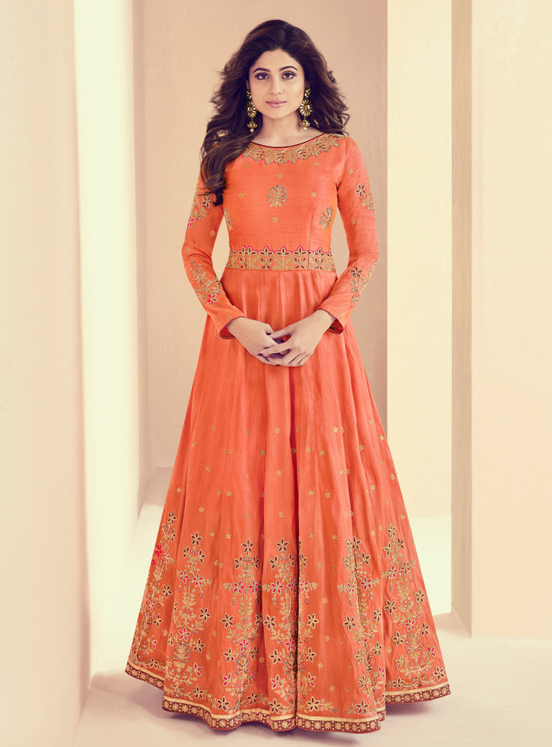 Peach Gown Desi Motif Indian Anarkali Dress - Asian Party Wear