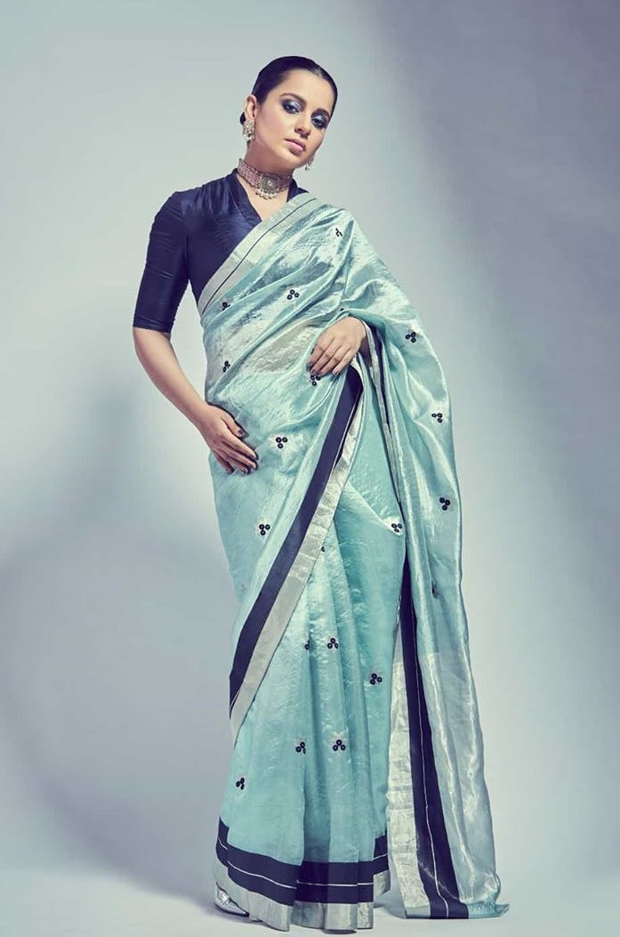 Buy Bollywood Kangana Ranautt Inspired Ice blue silk saree in UK, USA and Canada
