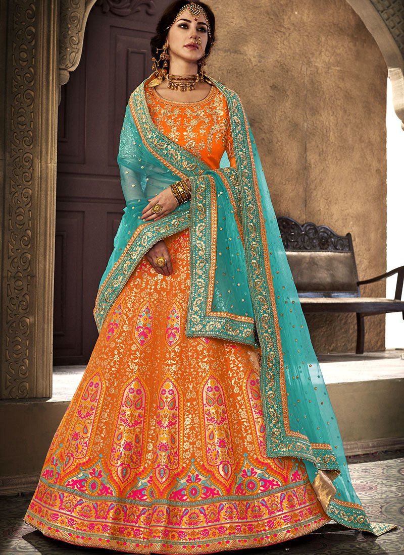 Buy Sanya Gulati Orange Raw Silk Embroidered Lehenga Set Online | Aza  Fashions