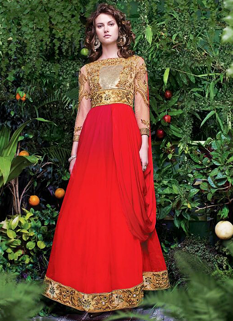 red georgette anarkali