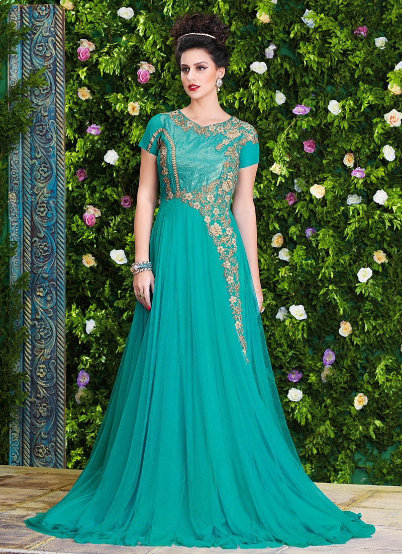 Buy Fetching Turquoise Net Party Wear Gown at kollybollyethnics