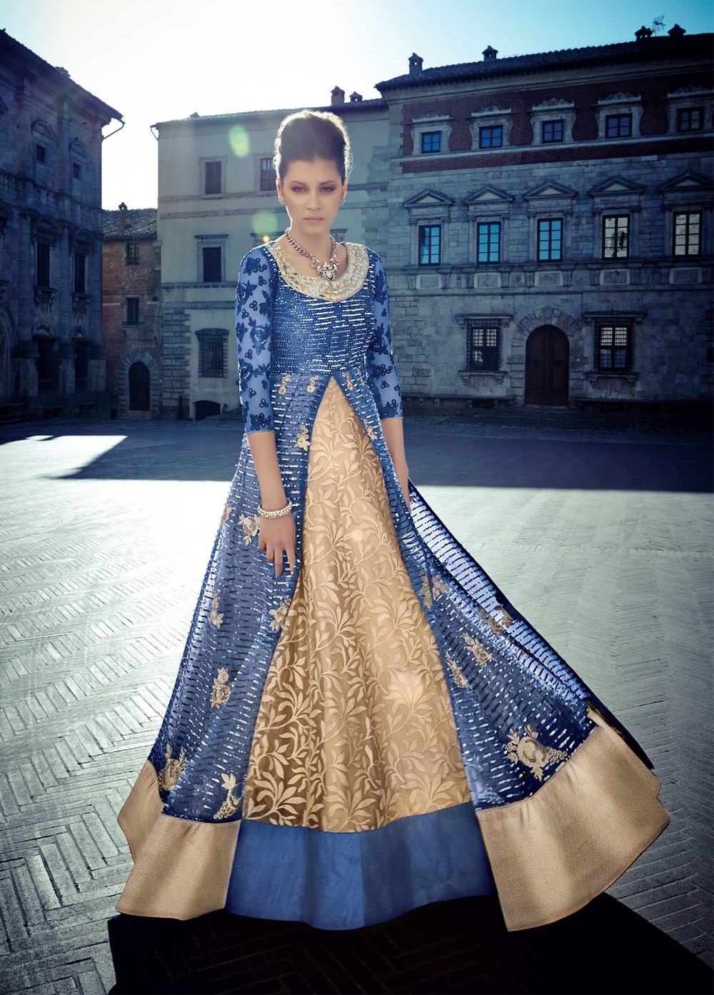 blue and gold anarkali