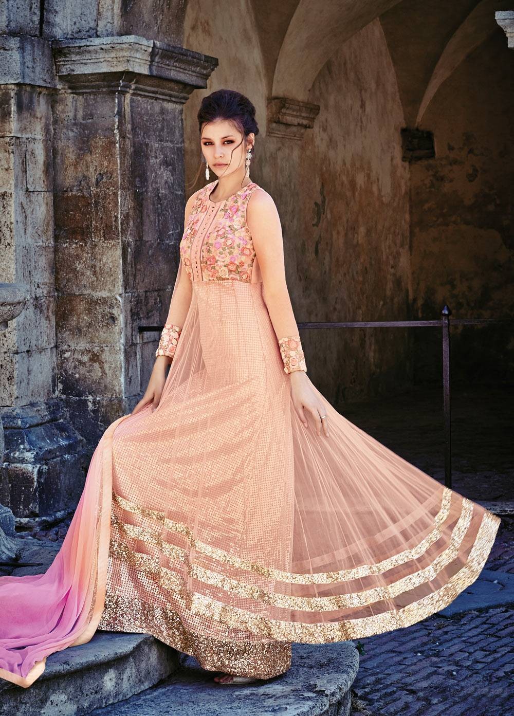 peach color anarkali dress