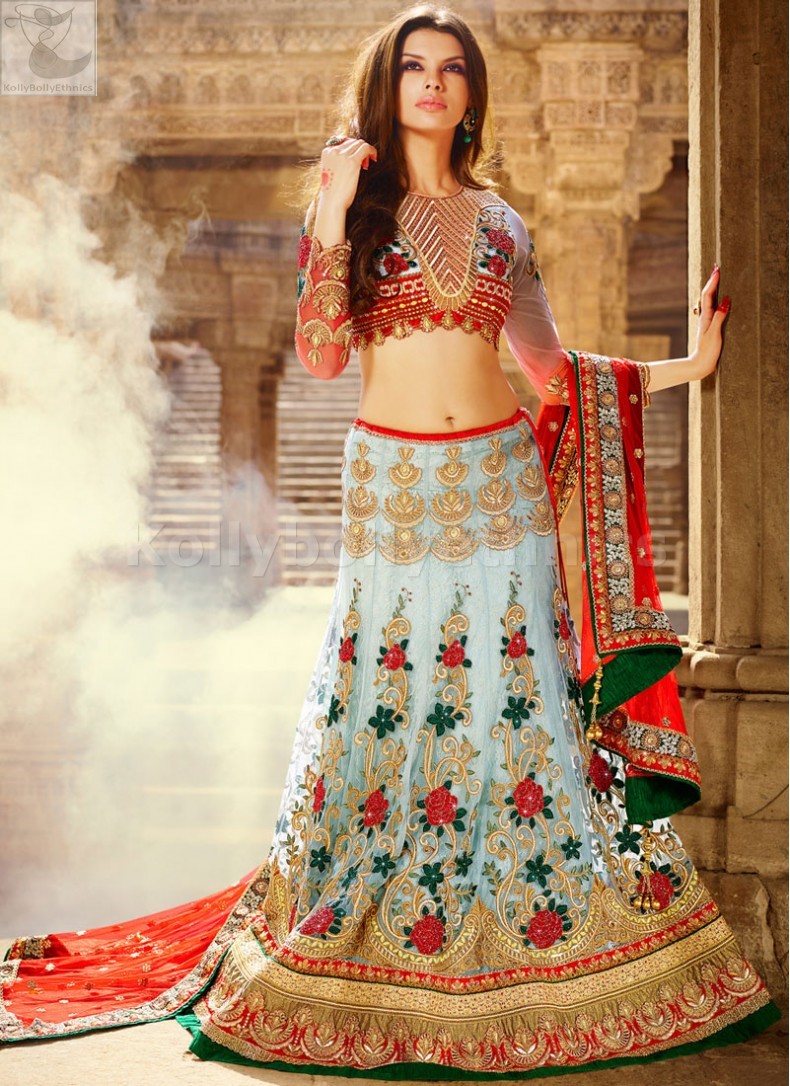 red blue bridal lehenga
