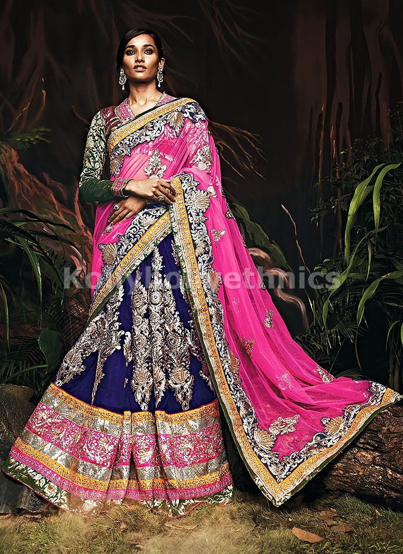 pink and blue bridal lehenga