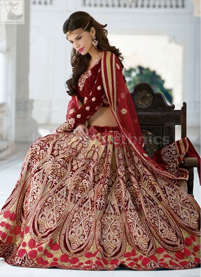 Maroon Velvet Bridal Lehenga Choli