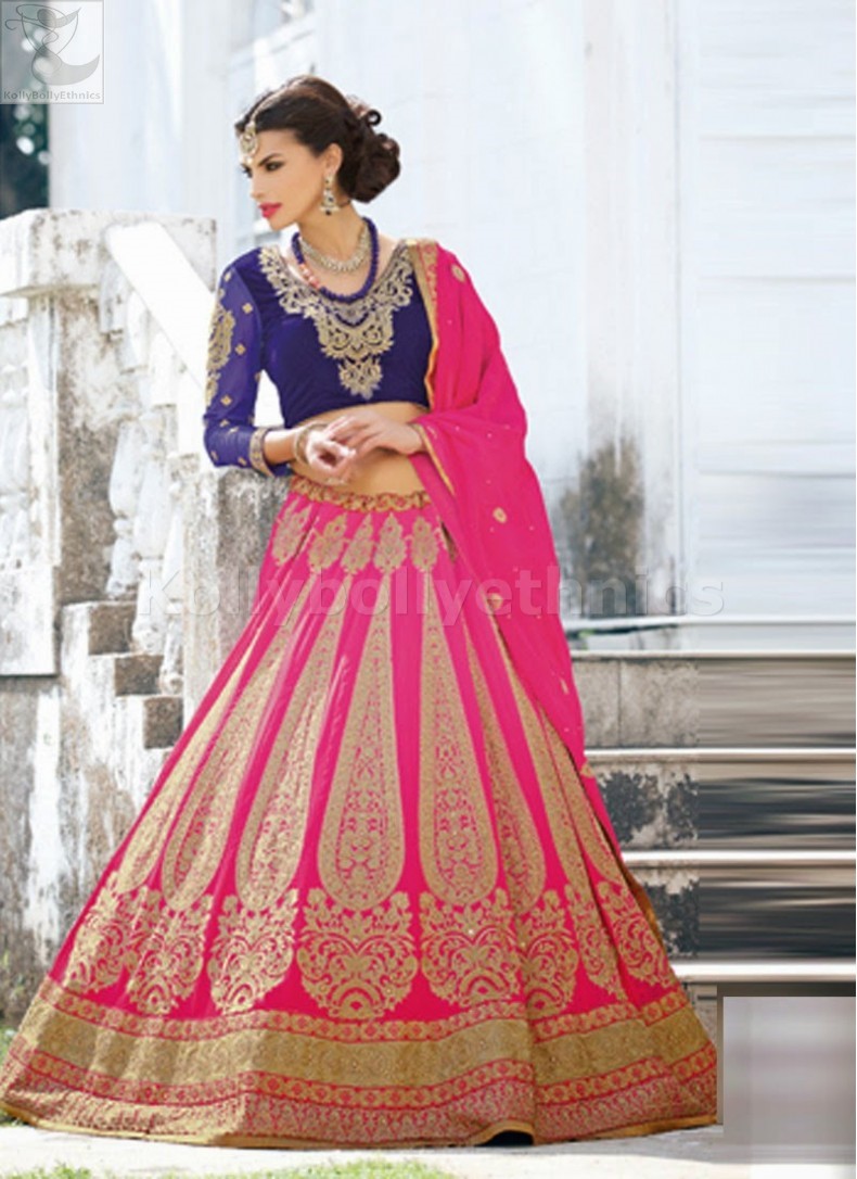 pink and blue bridal lehenga