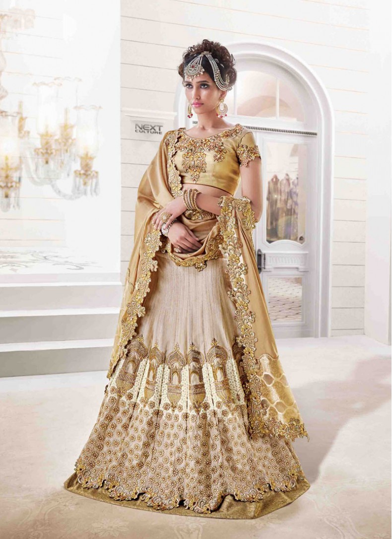 Silk Gold And Beige Crystal Reception Wear Lehenga Choli