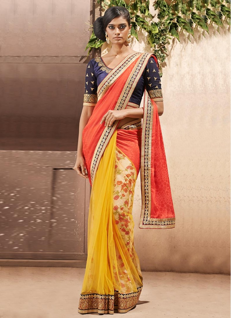 Red And Yellow Different Style Trendy Net Designer Wedding Wear