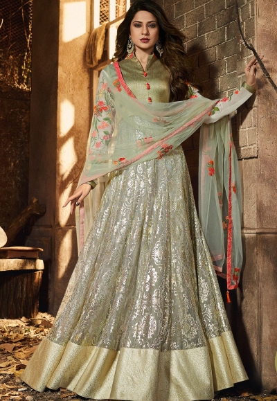 jennifer winget green lycra silk floor length anarkali suit 11033