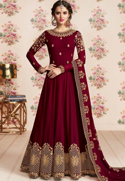 dark pink georgette embroidered long anarkali suit 8188