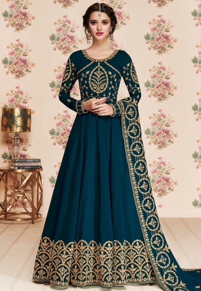 blue shade georgette embroidered long anarkali suit 8187