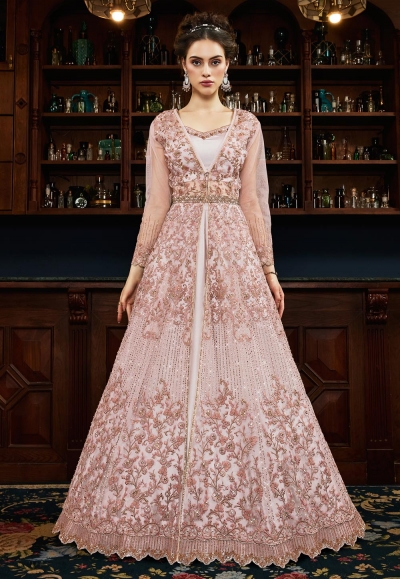 Pink satin embroidered indo western ...
