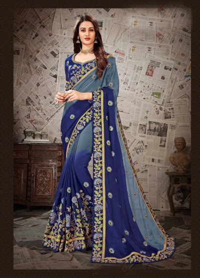 Blue  Grey Moss Chiffon Designer Party Wear Saree 65620