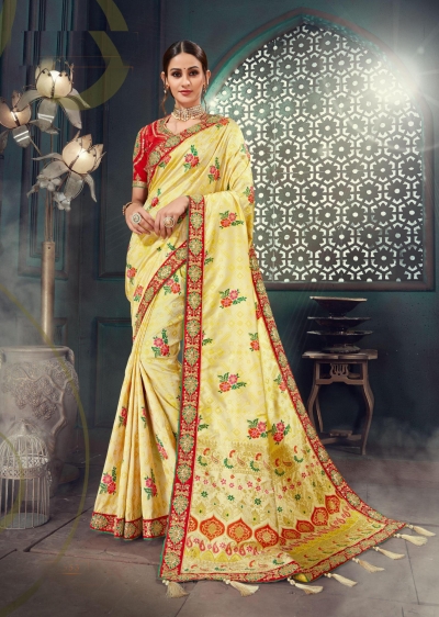 Light Yellow Bhagalpuri Silk Heavy Designer Bhagalpuri Silk Saree 64020