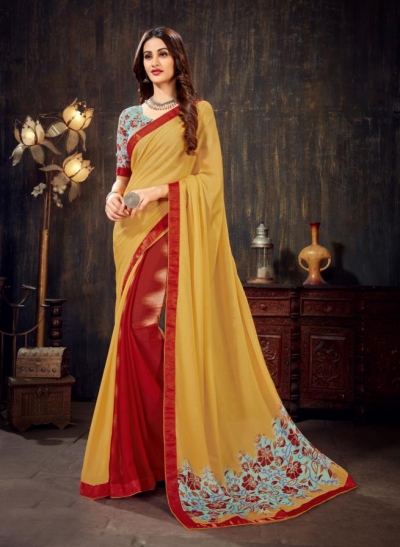 Yellow  Red Moss Chiffon Designer Casual Wear Moss Chiffon Saree 62791