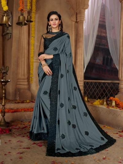 Grey Satin Georgette Designer Fancy Satin Georgette Saree 62781