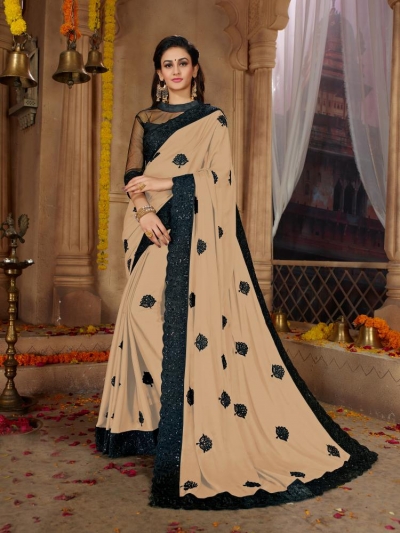 Cream Satin Georgette Designer Fancy Satin Georgette Saree 62782