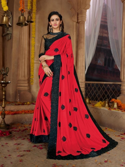 Red Satin Georgette Designer Fancy Satin Georgette Saree 62785