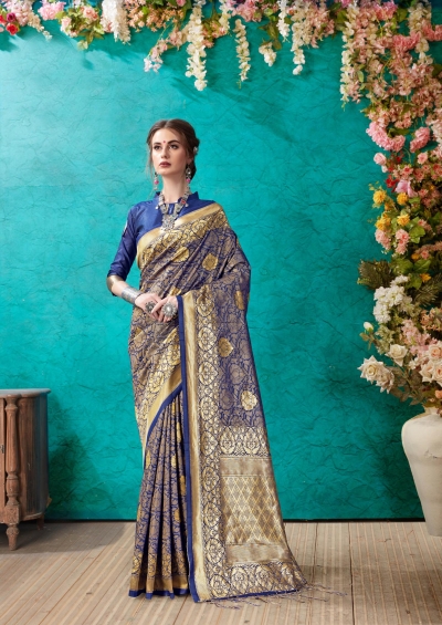 Navy Blue Banarasi Silk Designer Classic Wear Banarasi Silk Saree 61923