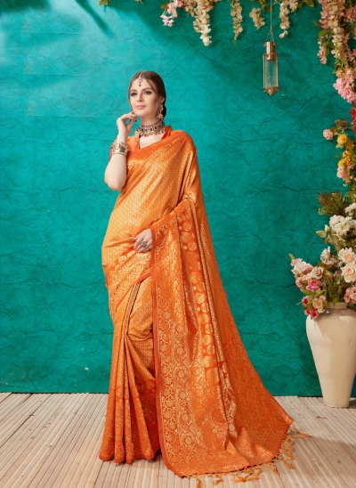 Orange Banarasi Silk Designer Classic Wear Banarasi Silk Saree 61925