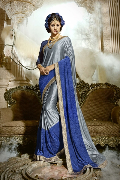 Two Tone Grey Blue Chinese Imported Fabric party wear saree 60747