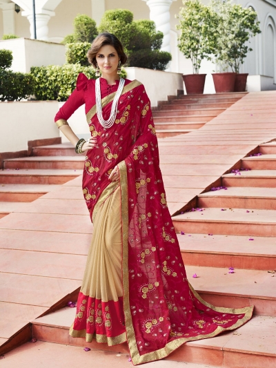 Red Cream Art Silk party wear saree 60545