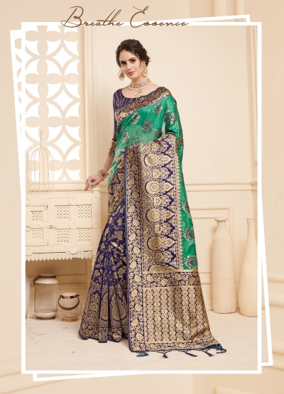 Green Blue Linen Silk party wear saree 60493