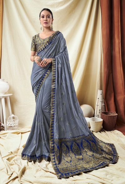 Grey Vichitra Silk party wear saree 59090