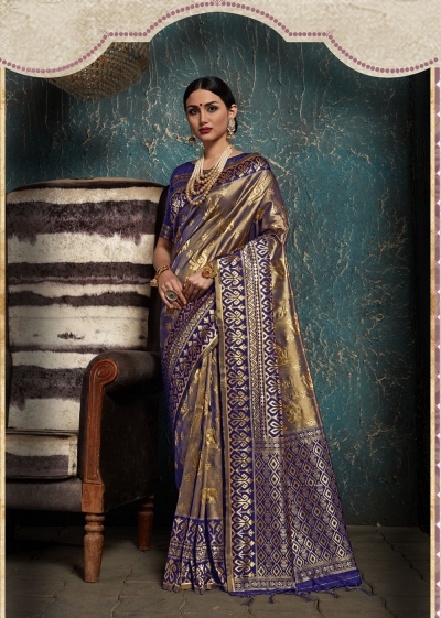 Two Tone Gold Blue Kanchipuram Silk party wear saree 58075