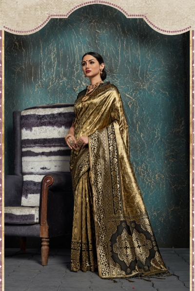 Golden Black Kanchipuram Silk party wear saree 58079