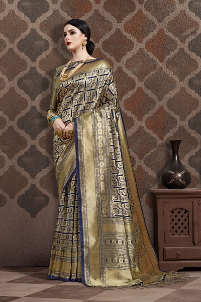 Navy Blue Gold Silk party wear saree 56654