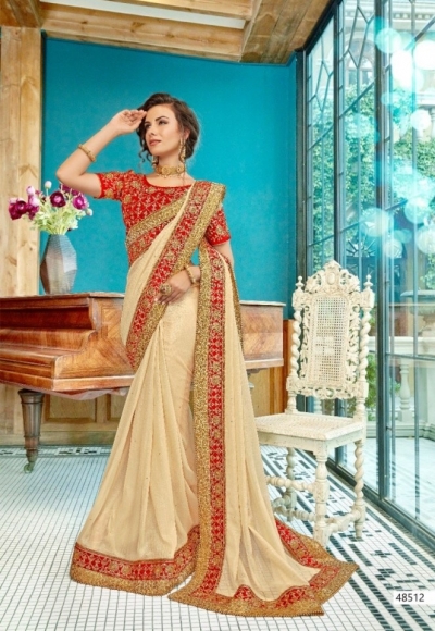 Cream and red designer fancy party wear saree 48512