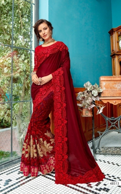 Red designer fancy party wear saree 48513