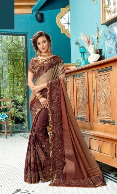 Beige designer fancy party wear saree 48515