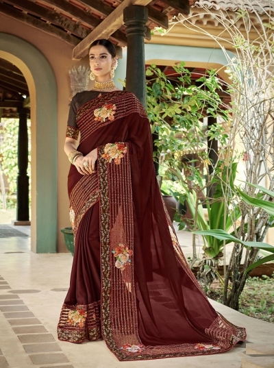 Brown designer fancy party wear saree 62009