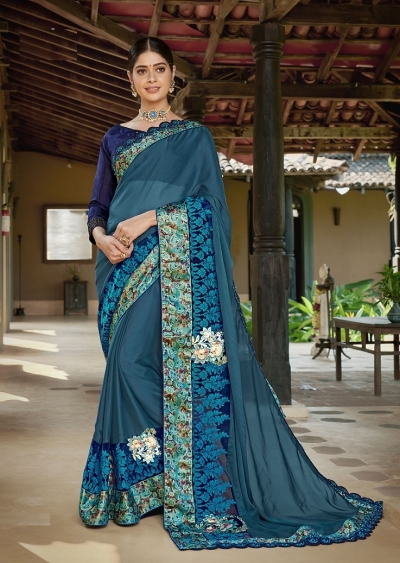 Mid night blue designer fancy party wear saree 62014