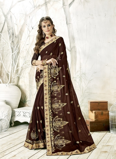 Brown designer fancy party wear saree 90002