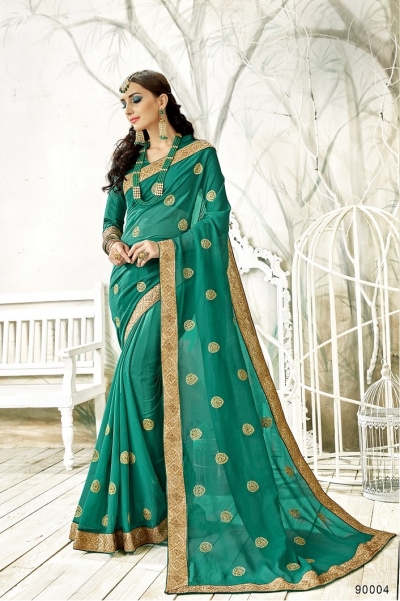 Teal yellow designer fancy party wear saree 90004